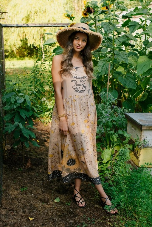 Milk & Honey Bohéme Long Maxi Slip Dress w/ Bee, Sunflower