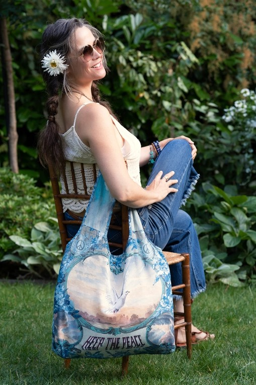 Peace Out Turquoise Linen Tote Bag with Doves and Sunrise