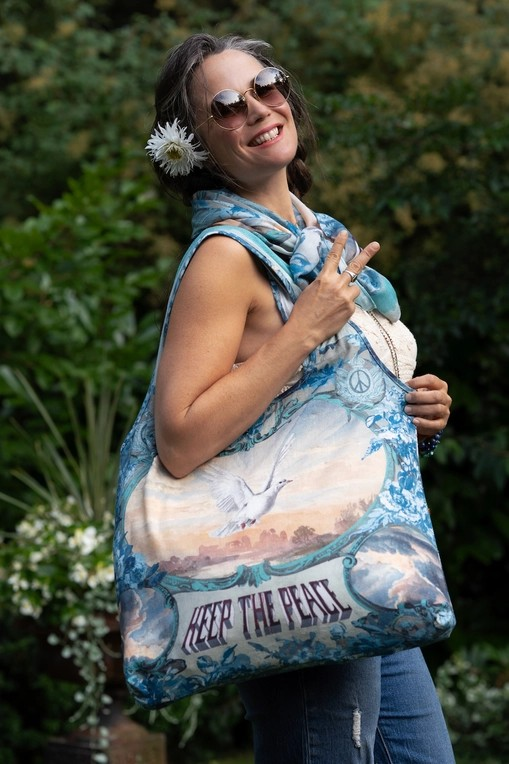 Peace Out Turquoise Linen Tote Bag with Doves and Sunrise