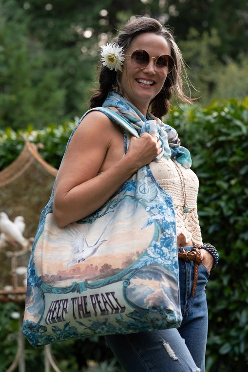 Peace Out Turquoise Linen Tote Bag with Doves and Sunrise