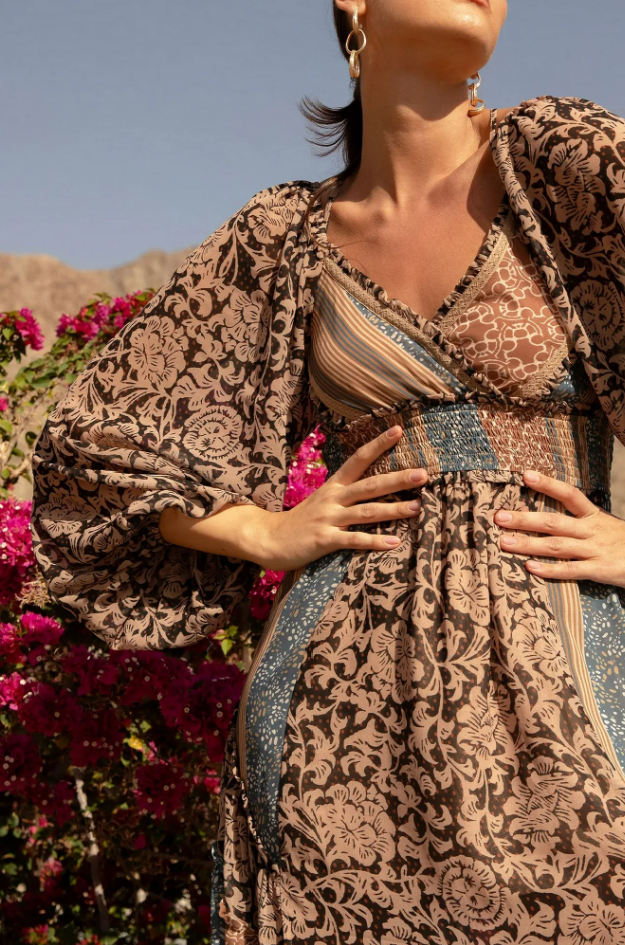 Miss Me - Beautiful, Flowy, Balloon Sleeve Mixed Media Dress