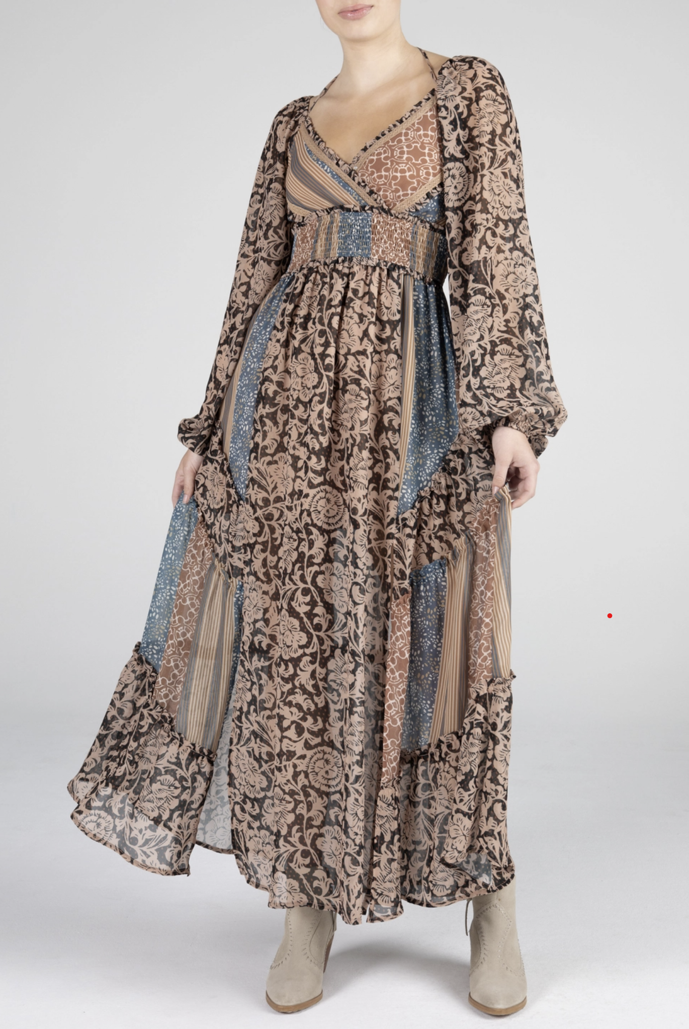 Miss Me - Beautiful, Flowy, Balloon Sleeve Mixed Media Dress