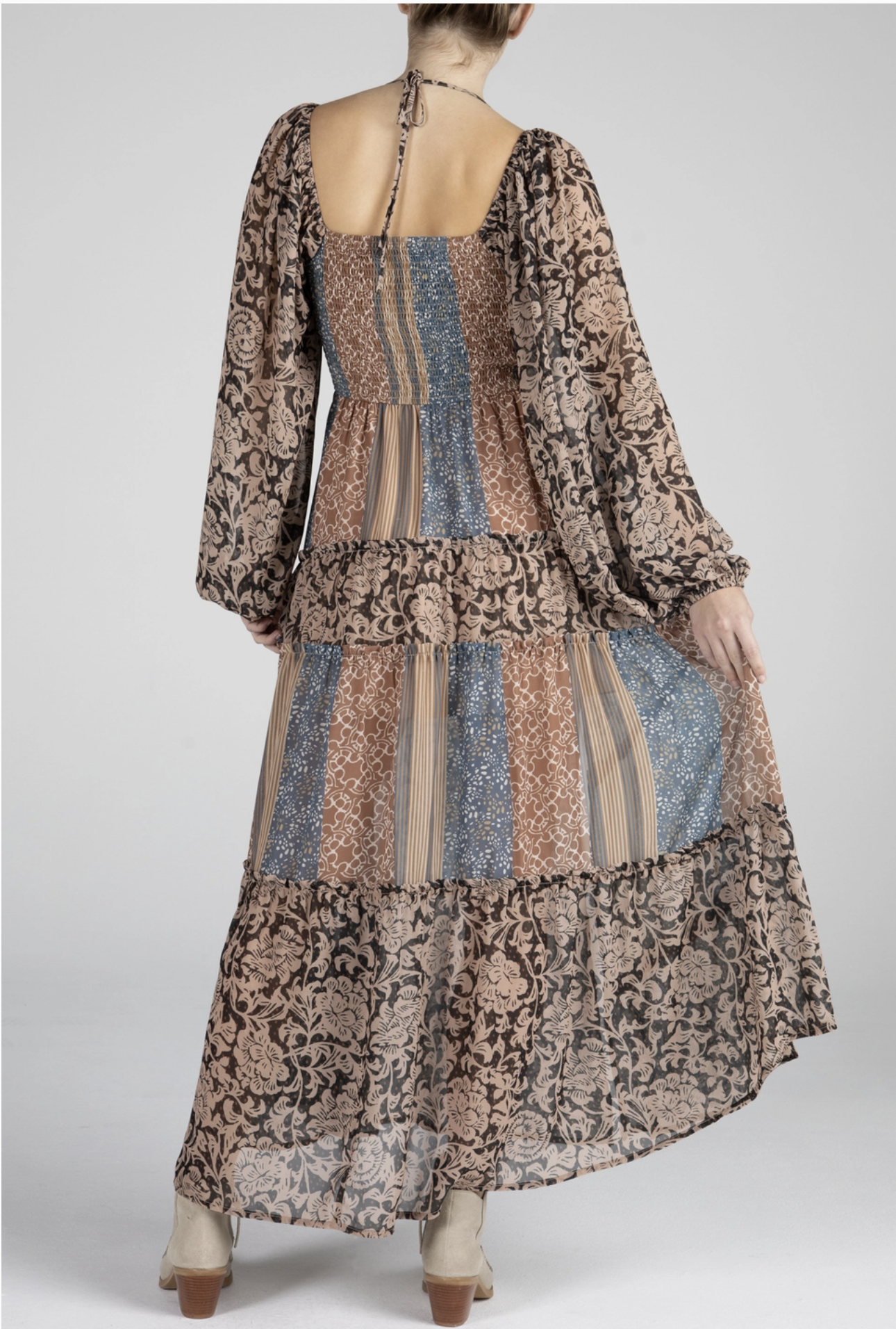 Miss Me - Beautiful, Flowy, Balloon Sleeve Mixed Media Dress