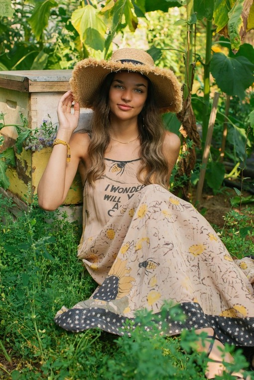 Milk & Honey Bohéme Long Maxi Slip Dress w/ Bee, Sunflower