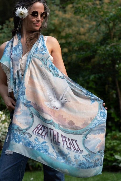 Peace Out Scarf with Doves and Sunrise